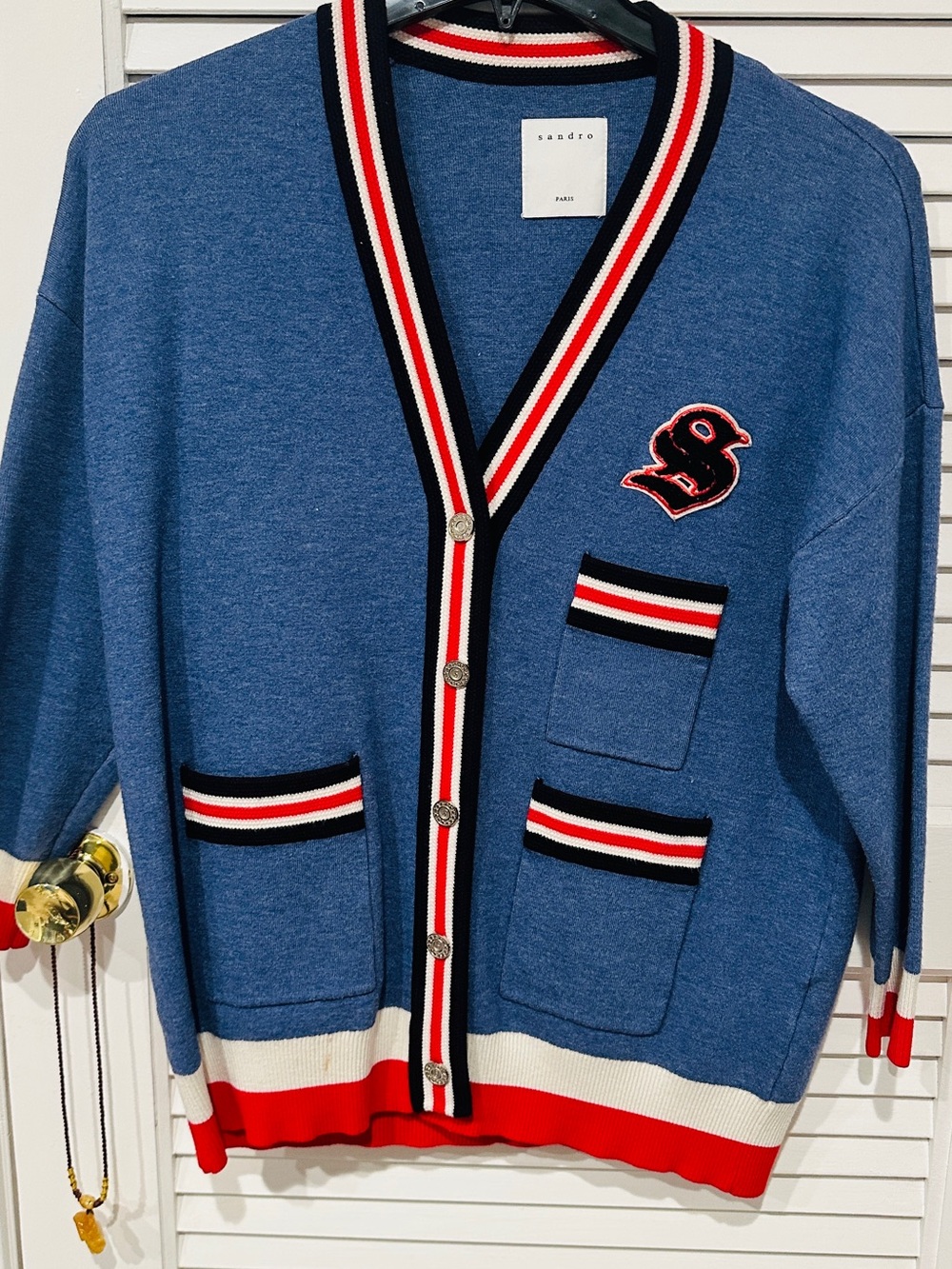 Sandro Blue Wool-Blend Cardigan with Red, White & Black Trim